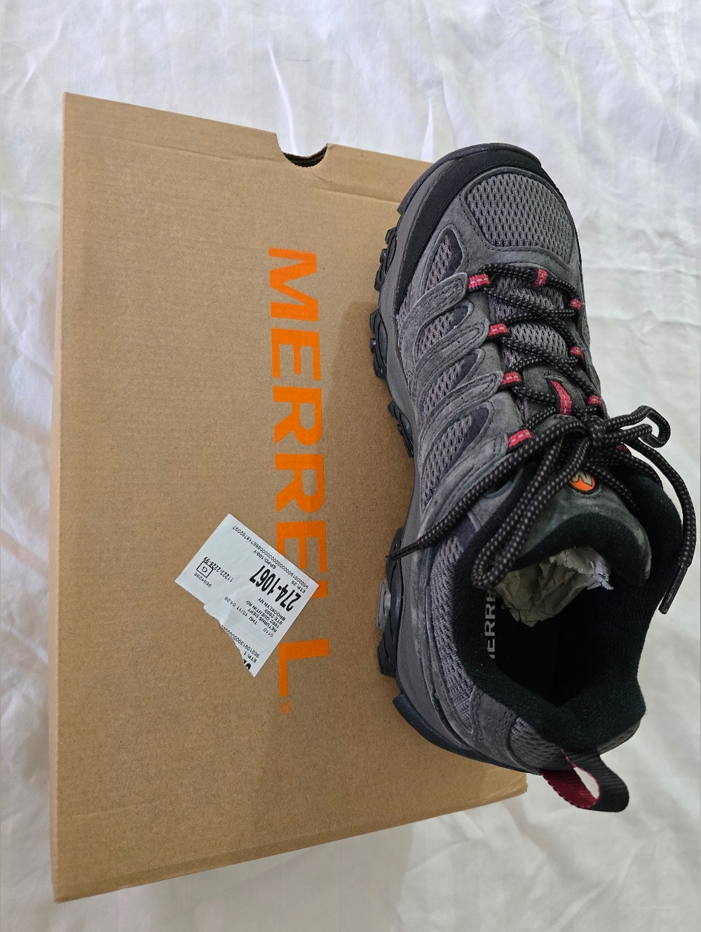 Merrell Unisex Hiking Shoe in Charcoal Gray with Red Accents Sold